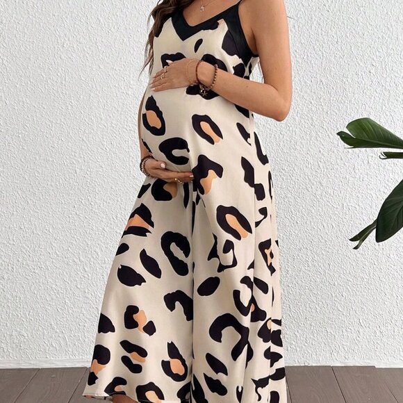 Multicolor Casual Women's Loose Maternity Leopard Print Camisole V-Neck Dress - Picture 1 of 5